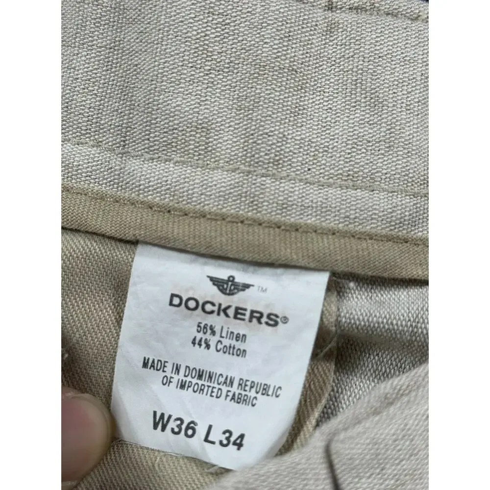 Dockers Pants Mens 36x32 Cream Linen Blend Cotton Pleated Casual Beach Cuffed